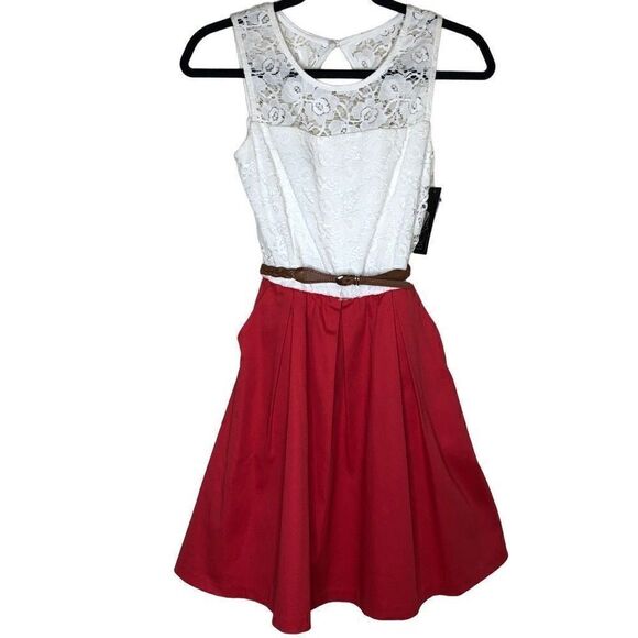 BCX Dresses & Skirts - BCX White Lace and Red Fit and Flare Dress NWT